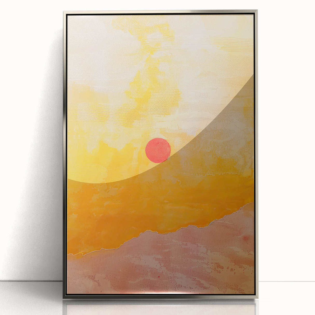 Framed abstract minimalist wall art design featuring soft colors and geometric shapes in a sleek silver frame, ideal for modern home decor.