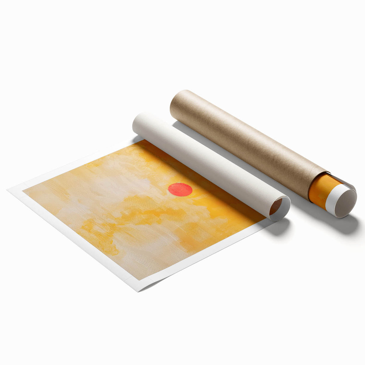 Abstract minimalist wall art print showcasing soft pastel colors and geometric shapes, elegantly rolled and packaged in a protective cardboard tube for display. Perfect for modern home decor and art enthusiasts seeking a contemporary touch.