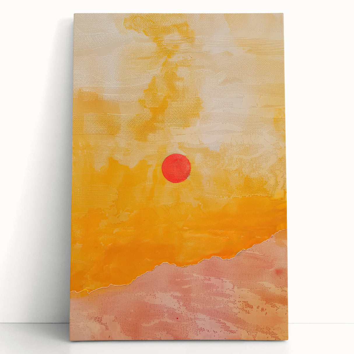 Abstract minimalist wall art on stretched canvas, showcasing soft pastel colors and geometric shapes, leaning against a neutral wall for an elegant decor accent.