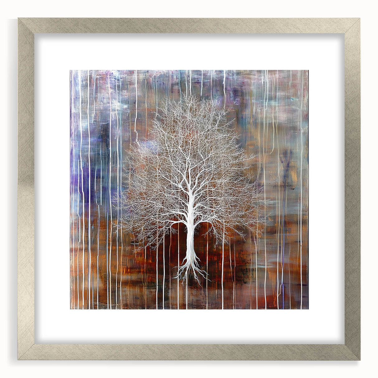 Abstract floral frame with a silver mat, showcasing vibrant colors and intricate designs, perfect for modern home decor or art collections.