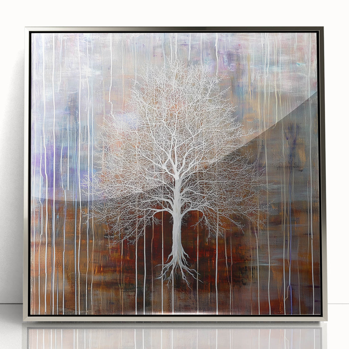 Framed acrylic artwork showcasing vibrant abstract floral design in silver tones, ideal for modern home decor, adding a touch of elegance and color to any space.