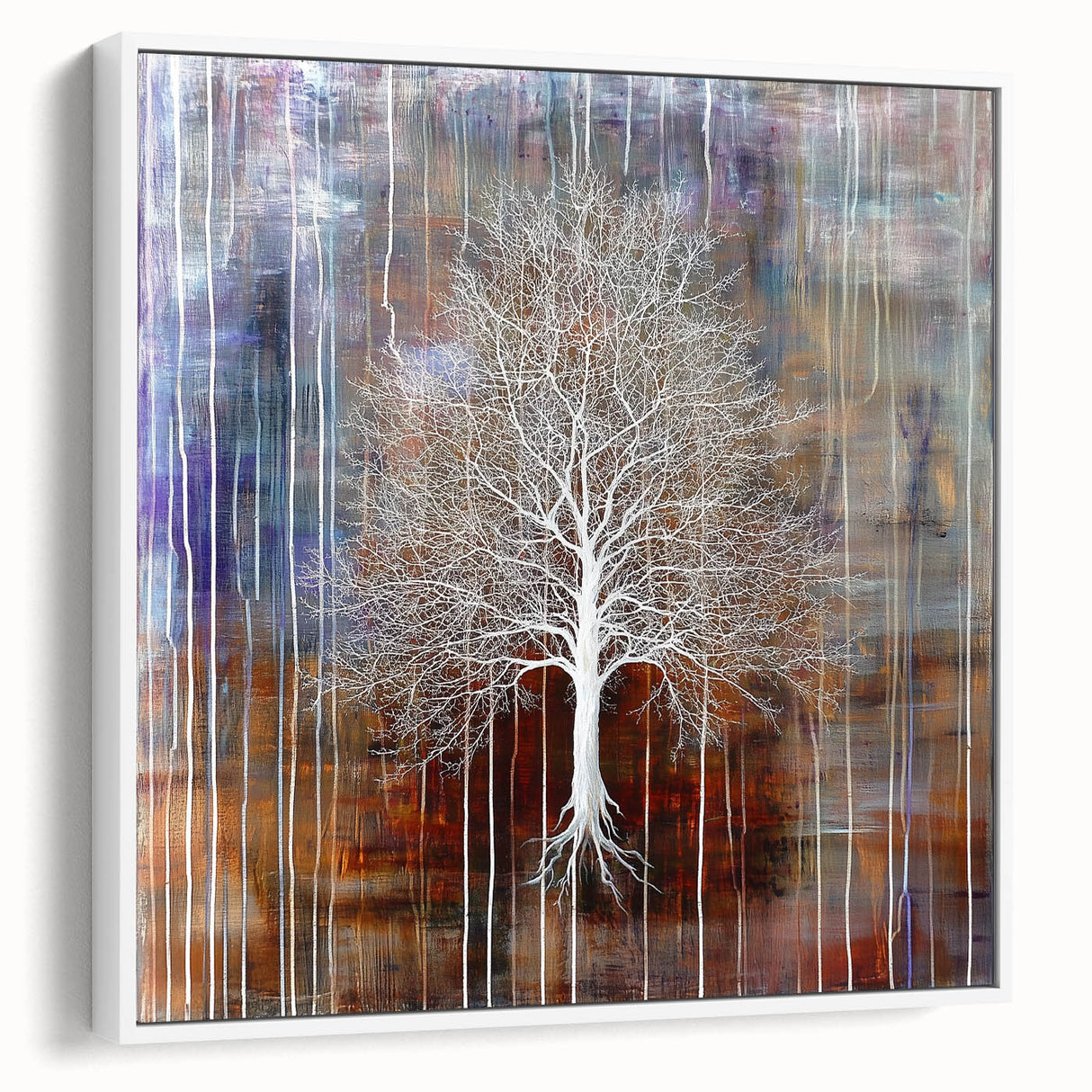 Framed canvas artwork showcasing an abstract floral design with vibrant colors, elegantly displayed in a white frame, perfect for modern home decor.