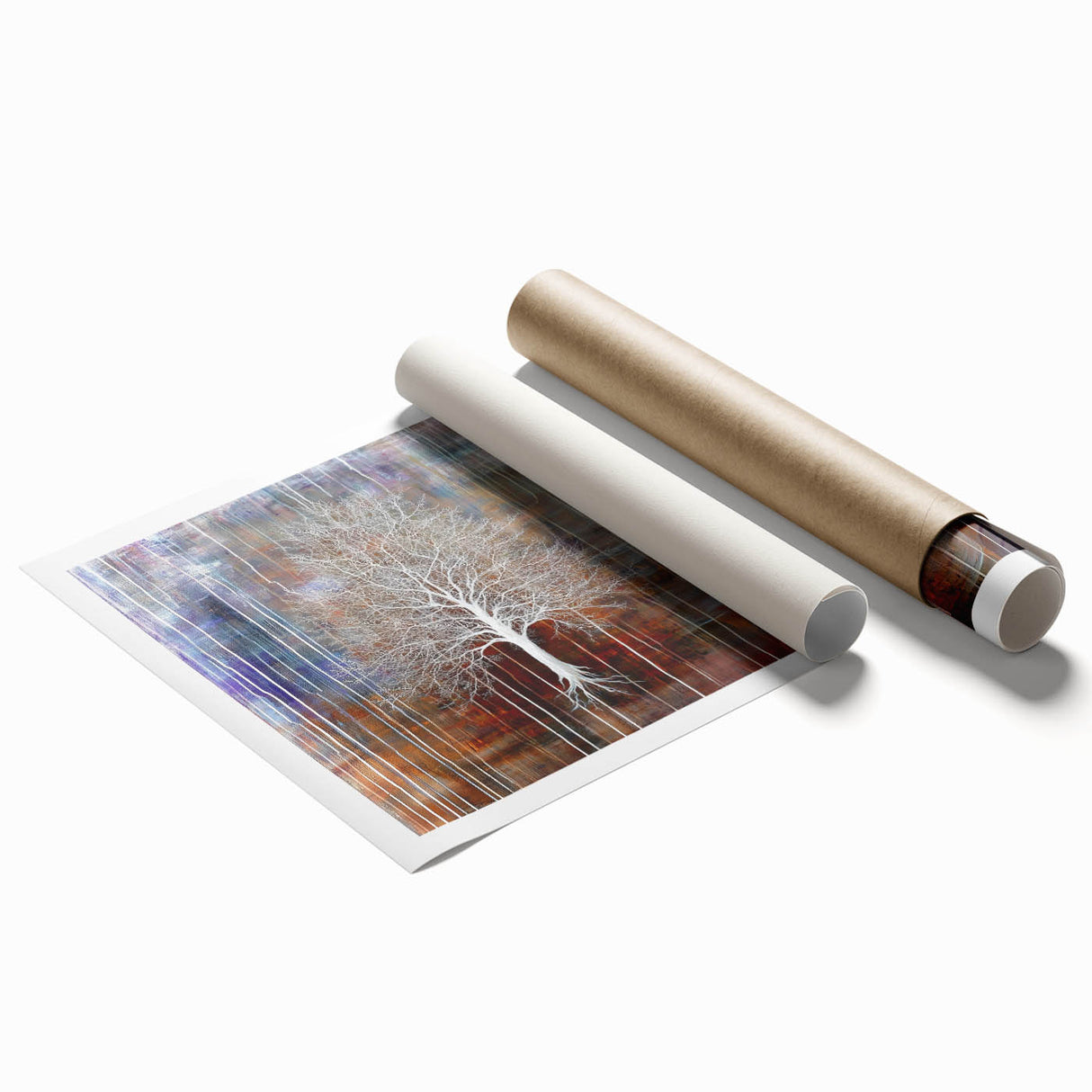 Vibrant rolled print showcasing abstract floral design with rich colors, perfect for home decor. Packaged securely in a cardboard tube for safe delivery.