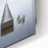 Close-up view of a vibrant abstract landscape artwork on acrylic glass, showcasing swirling colors of blue, green, and gold, perfect for modern interior decor.