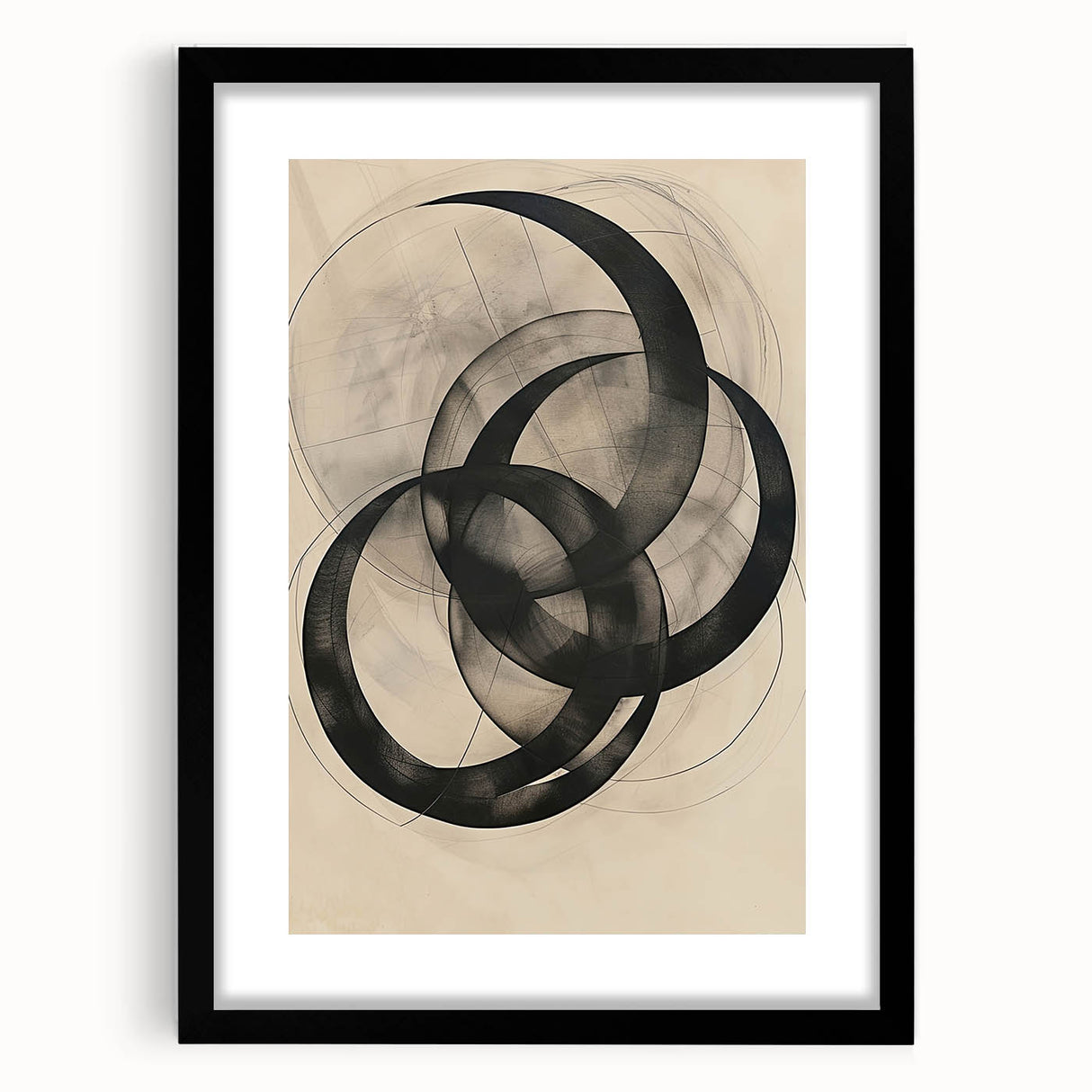 Abstract minimalist wall art framed in black with a mat, showcasing geometric shapes and soft color tones, ideal for modern home decor.