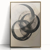 Framed minimalist wall art featuring an abstract design with gold accents, set against a sleek acrylic background, perfect for modern home decor.