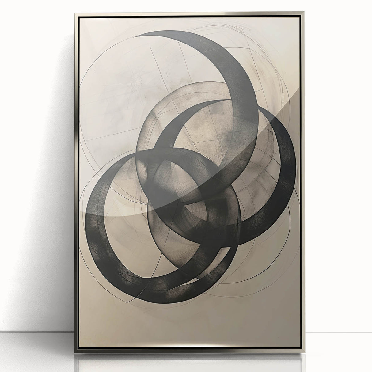 Framed abstract minimalist wall art showcasing a silver-acrylic design, perfect for modern home decor. The clean lines and geometric shapes create an elegant focal point, ideal for stylish interiors.
