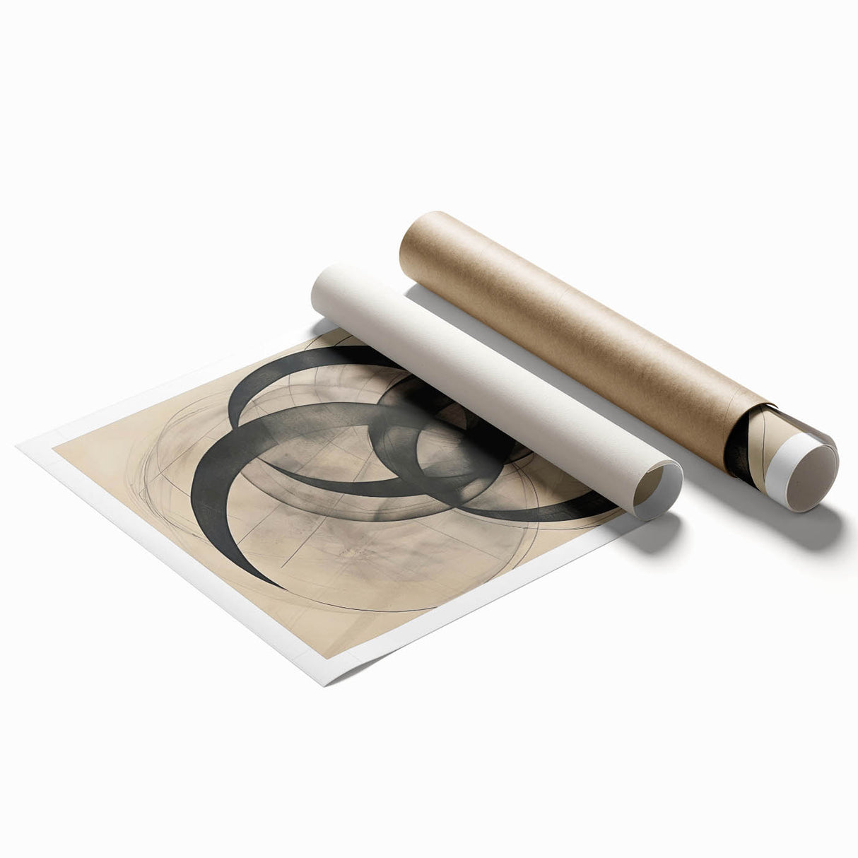 Abstract minimalist wall art print featuring soft pastel colors and geometric shapes, rolled and ready for display, ideal for modern home decor.