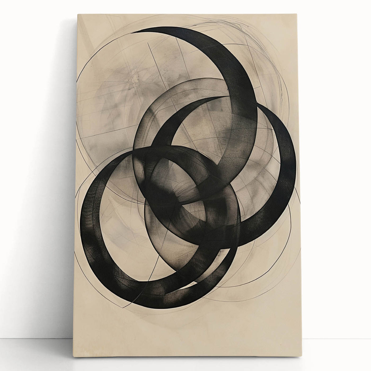 Abstract minimalist wall art on stretched canvas, showcasing soft pastel colors and geometric patterns, leaning against a neutral wall, adding modern decor charm.