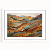 Abstract art print featuring swirling autumnal hues on a white framed canvas, suitable for dining room or bedroom decor.