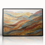 Large abstract wall art featuring autumnal colors in a mid-century modernist style, framed in black acrylic.