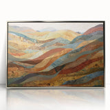 Mid-century modernist art depicting a fall scene in muted orange and brown tones, framed in silver acrylic.