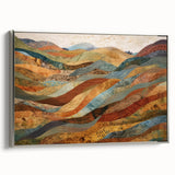Framed canvas of a vintage landscape painting depicting an autumnal scene with colorful foliage and a black background.