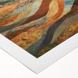 Art deco poster featuring a stylized autumn landscape in orange and brown tones on rolled canvas.