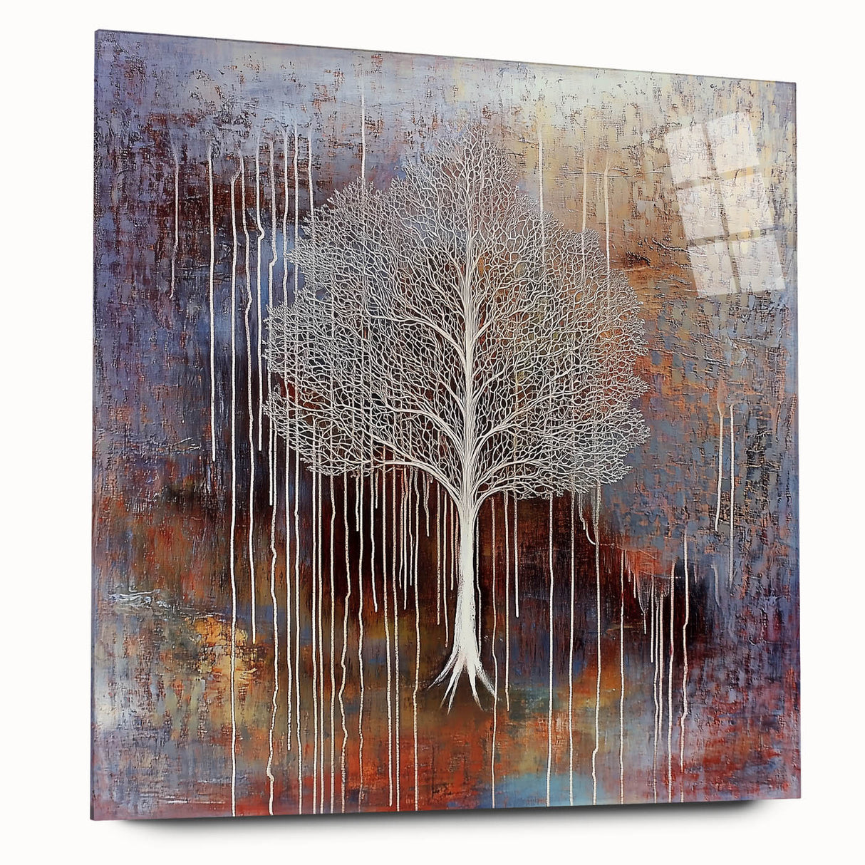 Abstract floral acrylic artwork displayed on clear glass, showcasing vibrant colors and intricate details. This side view highlights the modern design suitable for contemporary decor.
