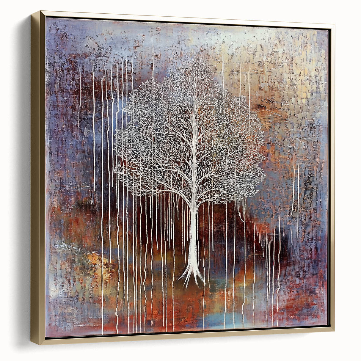Framed canvas artwork showcasing an abstract floral design in silver and gold tones, elegantly displayed against a neutral background, perfect for modern home decor.