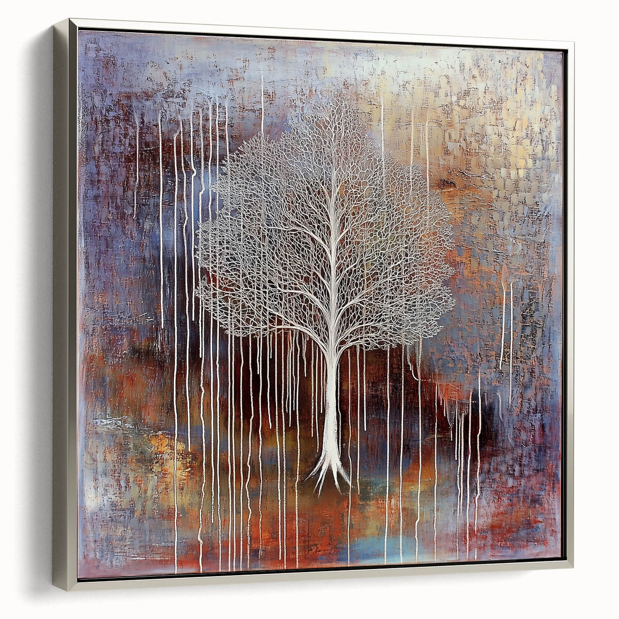 Framed canvas artwork showcasing abstract floral designs in vibrant colors, with a sleek silver frame, ideal for modern home decor and artistic accents.