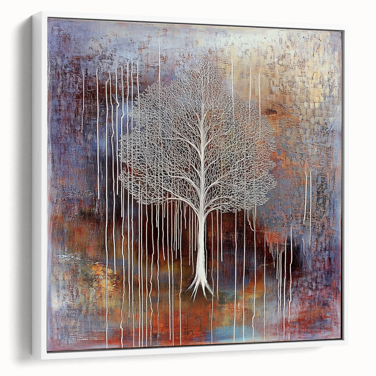 Framed canvas art featuring an abstract floral design with vibrant colors, displayed in a white frame, showcasing a modern aesthetic for home decor.