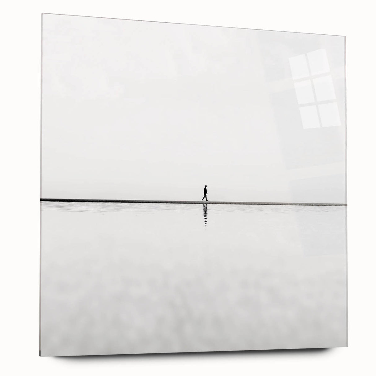 Abstract landscape artwork displayed on acrylic glass, showcasing vibrant hues of blue and green with a sleek side view. Perfect for modern home decor.