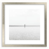 Abstract landscape artwork framed in silver, featuring a soft mat, showcasing tranquil hues of blue and green, ideal for modern home decor.
