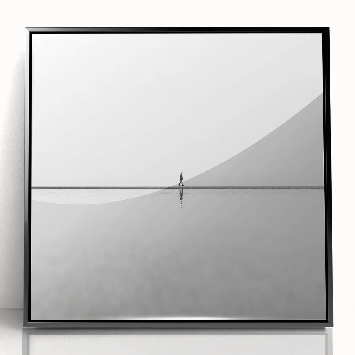 Framed abstract landscape art piece in acrylic, showcasing a blend of deep blues and greens that evoke a serene natural scene, set against a sleek black frame.