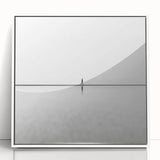 Framed acrylic artwork displaying an abstract landscape in soft hues of blue and white, perfect for modern home decor. Ideal for enhancing living spaces with contemporary style.
