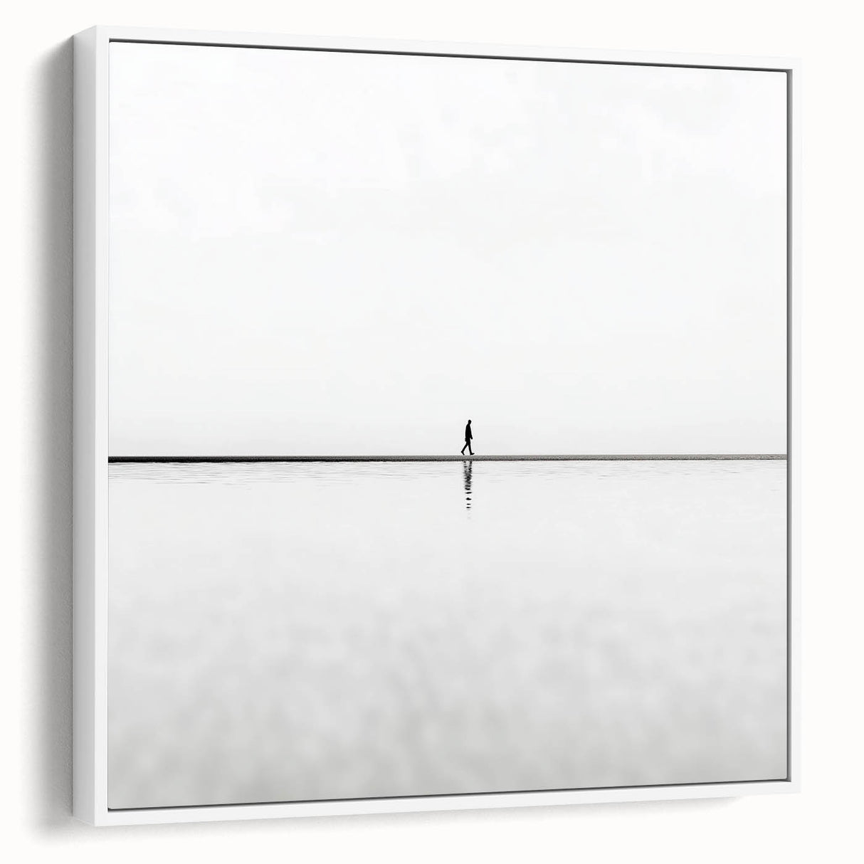 Framed canvas artwork depicting an abstract landscape in soft hues of blue and green, elegantly displayed from a white side view, perfect for modern home decor.