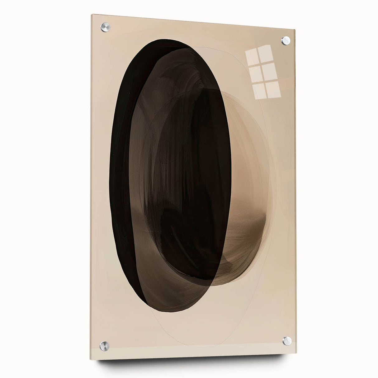 Abstract minimalist wall art displayed in a side view, featuring vibrant colors on acrylic glass, secured with stylish pins for an elegant presentation.