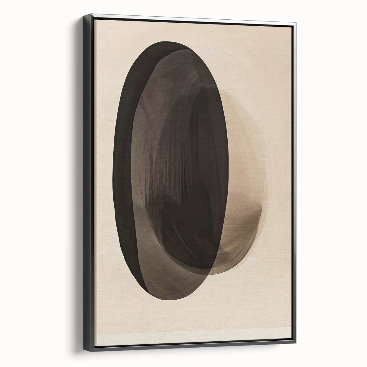 Framed abstract minimalist wall art showcasing a sleek black design, viewed from the side. Ideal for modern decor, enhancing any living space with sophistication.
