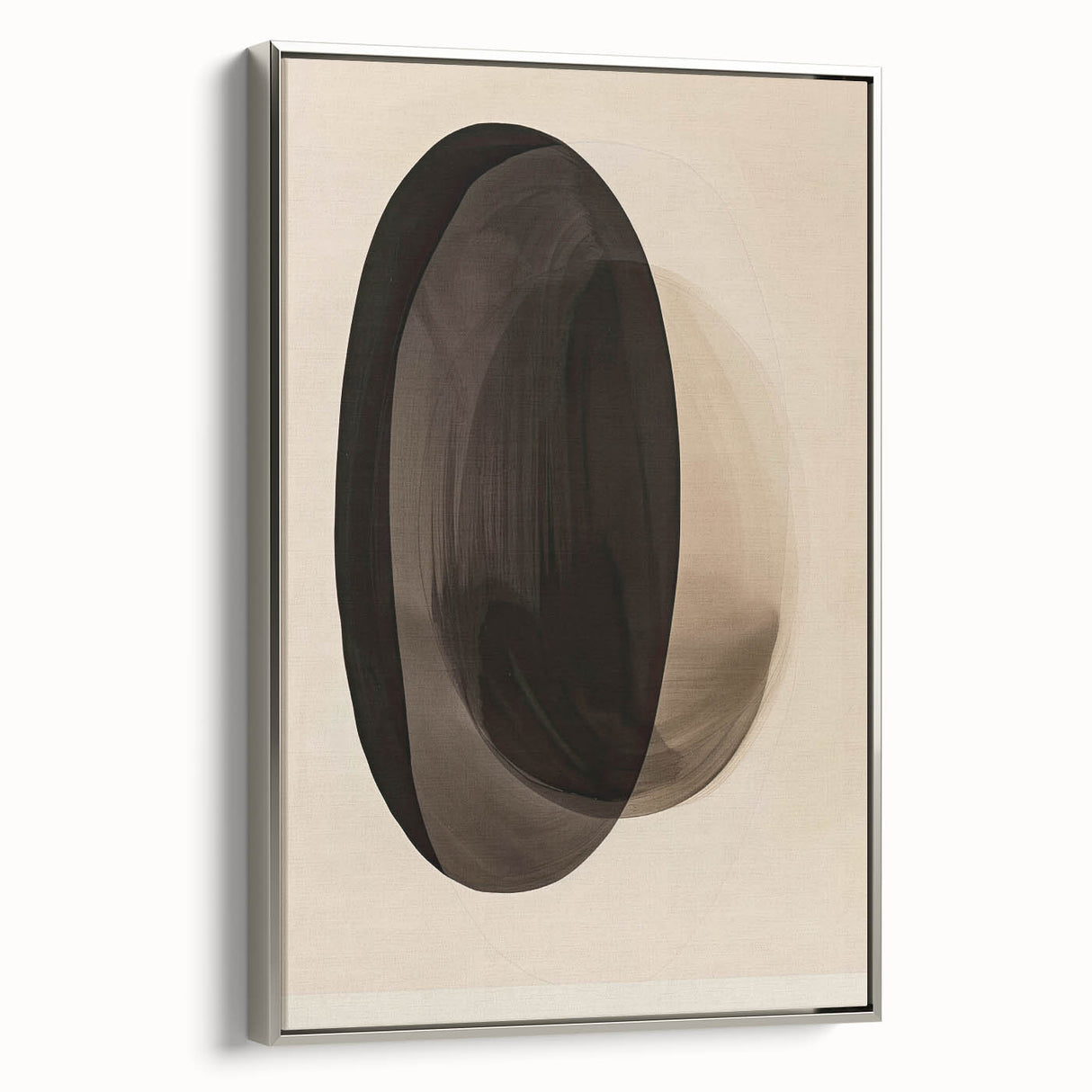 Abstract minimalist wall art framed in silver, showcasing a sleek design with soft curves and a neutral color palette, perfect for modern decor.