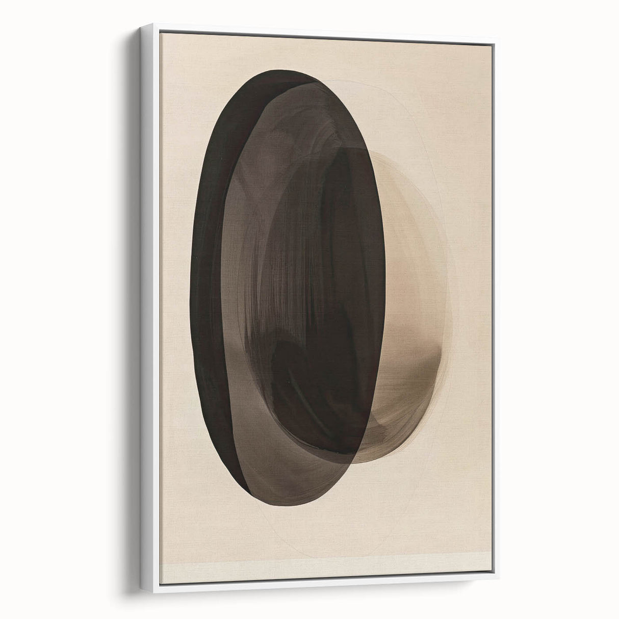 Framed abstract minimalist wall art in a sleek white frame, showcasing soft pastel colors and geometric shapes, perfect for modern decor enhancement.