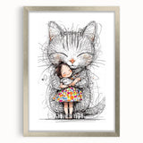 Adorable Cat & Girl Hug Girls Room Wall Art - Kids Animal Decor
