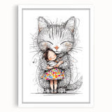 Adorable Cat & Girl Hug Girls Room Wall Art - Kids Animal Decor