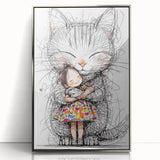 Adorable Cat & Girl Hug Girls Room Wall Art - Kids Animal Decor