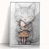 Adorable Cat & Girl Hug Girls Room Wall Art - Kids Animal Decor