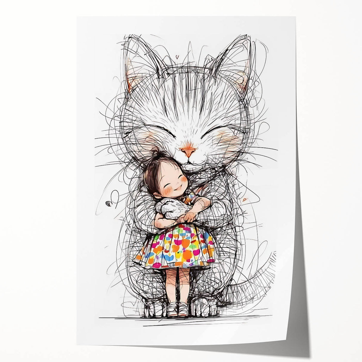 Adorable Cat & Girl Hug Girls Room Wall Art - Kids Animal Decor