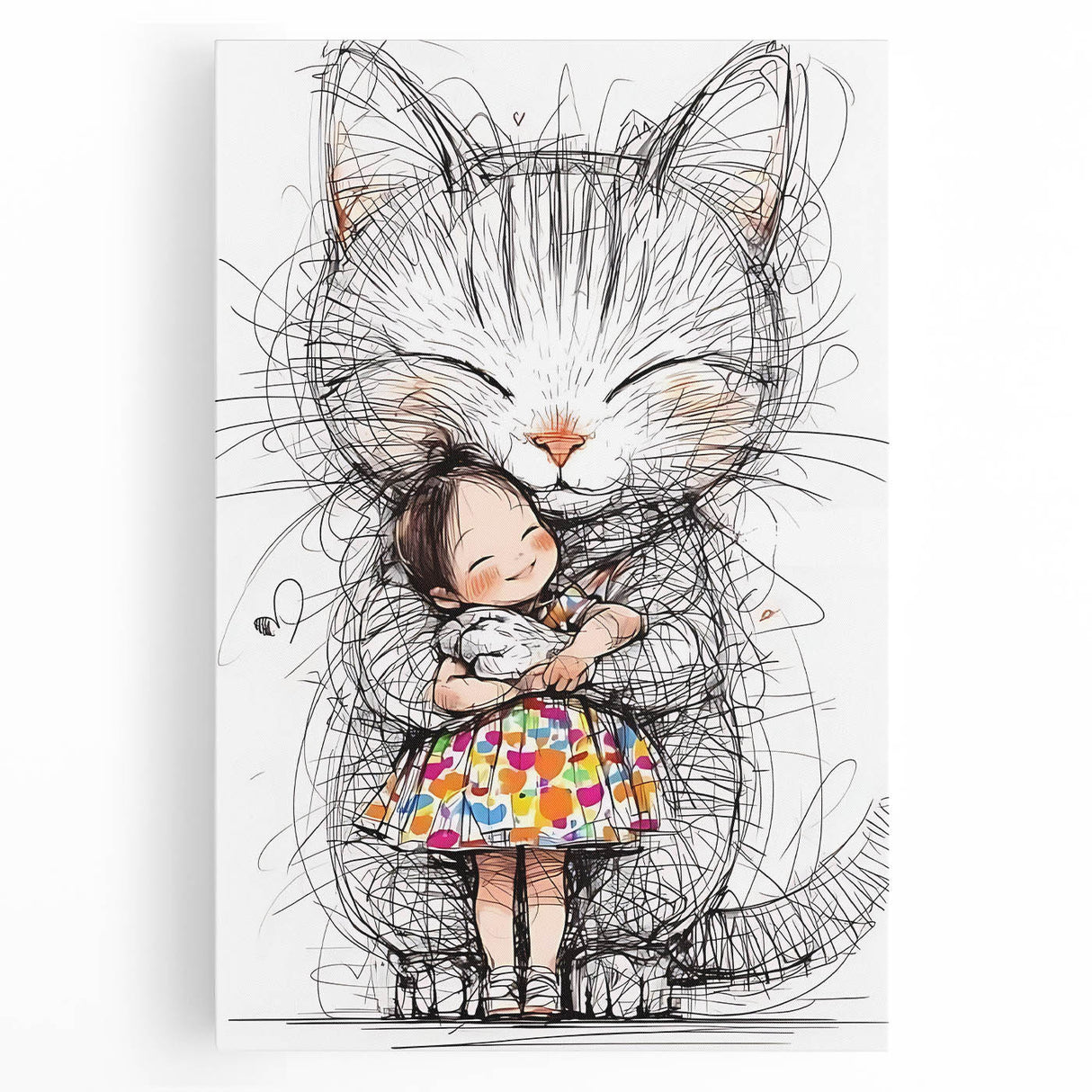 Adorable Cat & Girl Hug Girls Room Wall Art - Kids Animal Decor