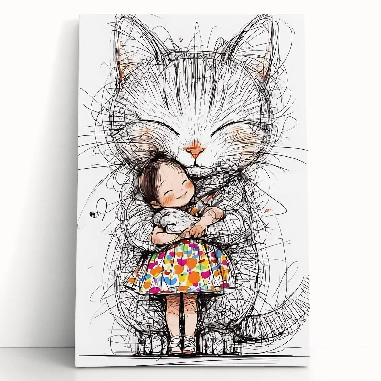 Adorable Cat & Girl Hug Girls Room Wall Art - Kids Animal Decor