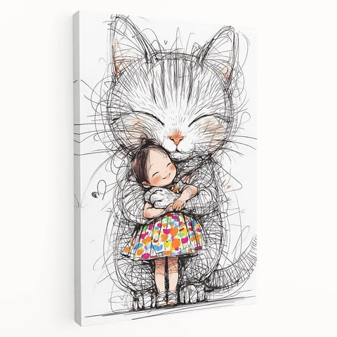 Adorable Cat & Girl Hug Girls Room Wall Art - Kids Animal Decor