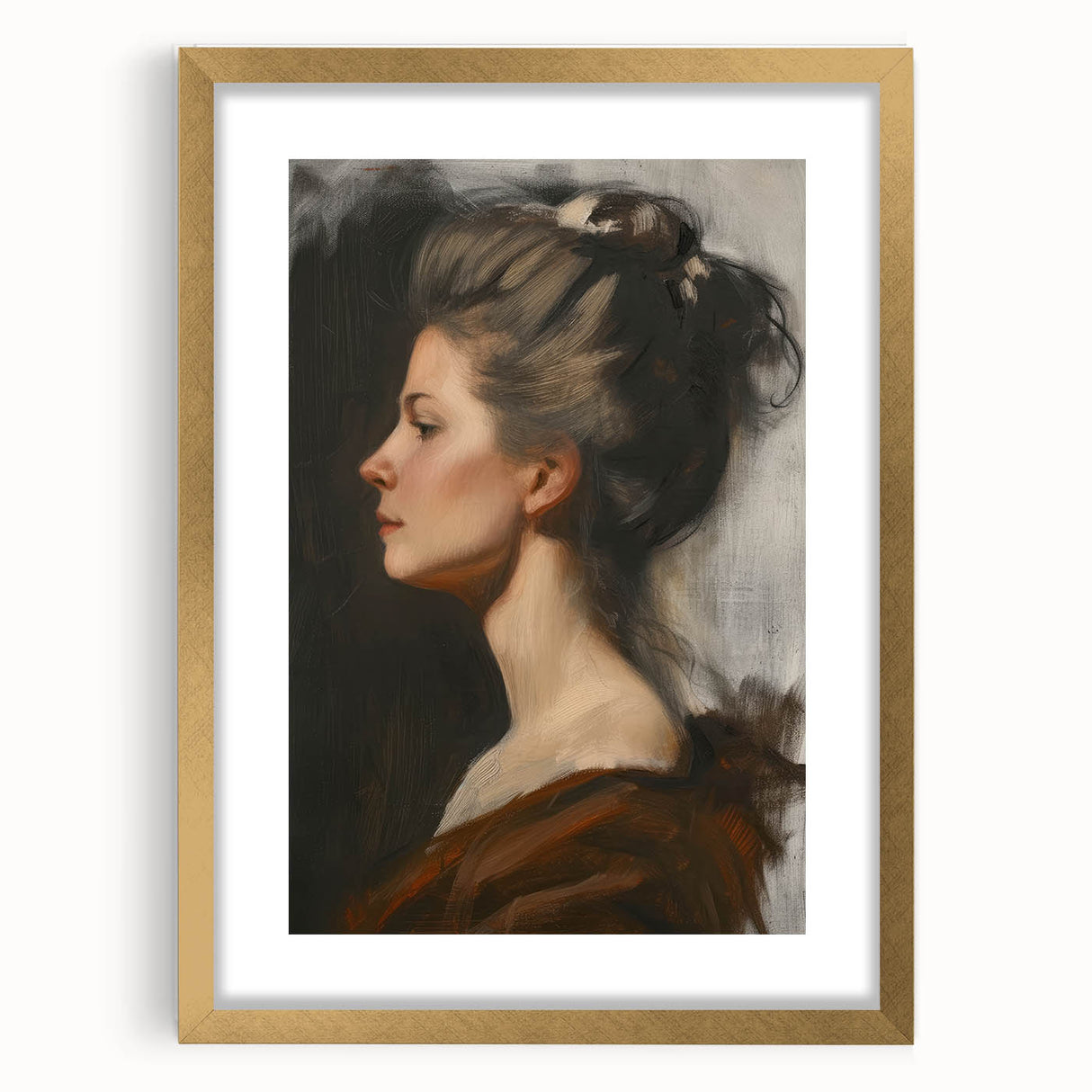 Abstract figurative artwork framed in gold with a beige mat, showcasing a modern design that blends geometric shapes and soft colors, ideal for contemporary home decor.