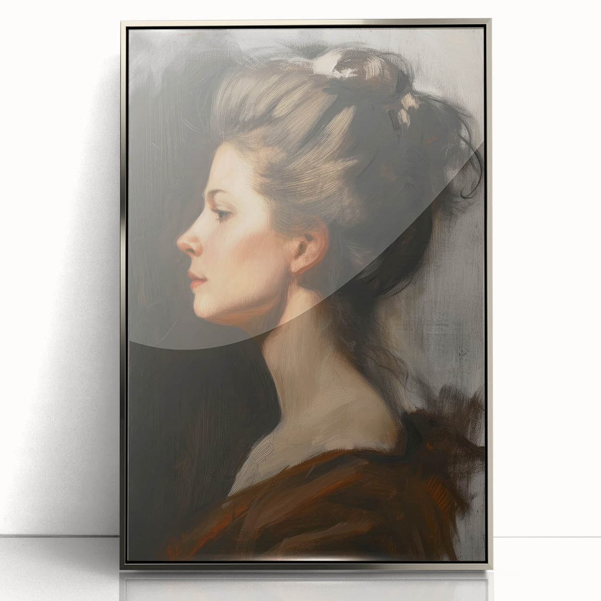 Abstract figurative art piece framed in silver acrylic, showcasing vibrant colors and dynamic shapes, designed to enhance modern decor in stylish interiors.