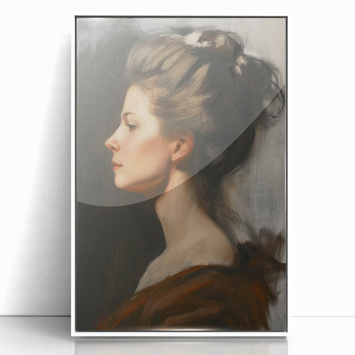 Framed abstract figurative artwork in white acrylic, showcasing vibrant colors and dynamic shapes, designed to enhance modern home decor.