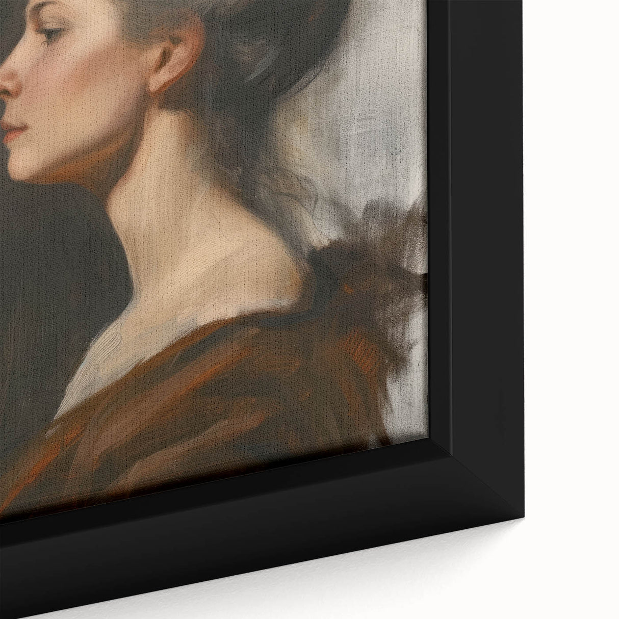 Close-up of a framed abstract figurative canvas artwork showcasing vibrant colors and intricate textures, ideal for modern home decor and art enthusiasts.