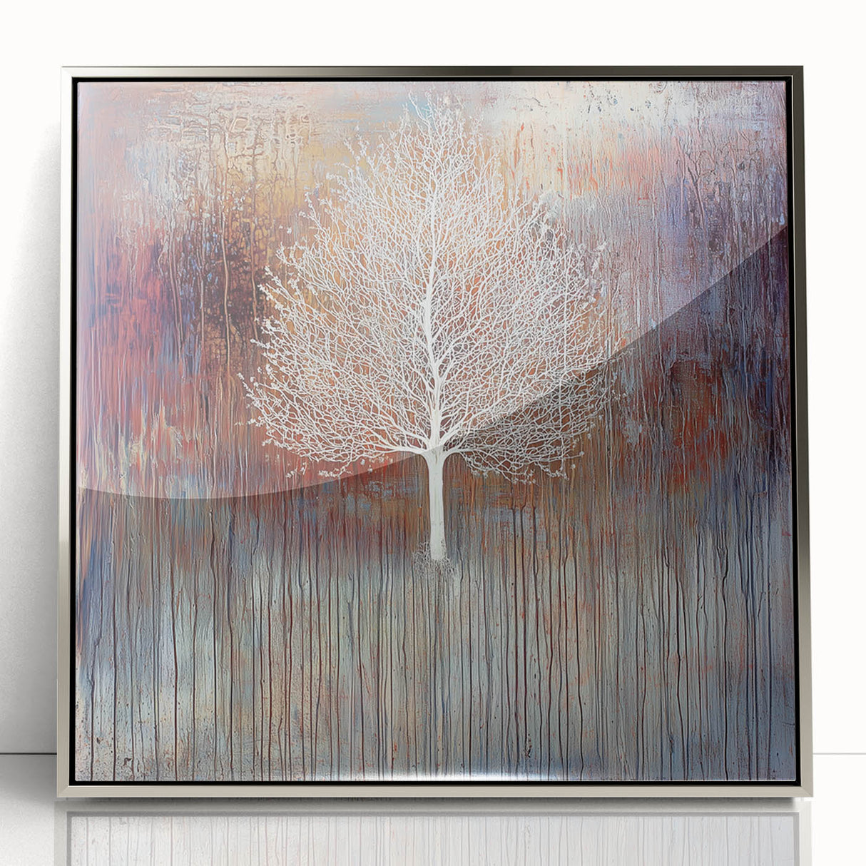 Framed acrylic wall art displaying vibrant abstract floral patterns in silver tones, perfect for modern home decor, adding elegance to any space.