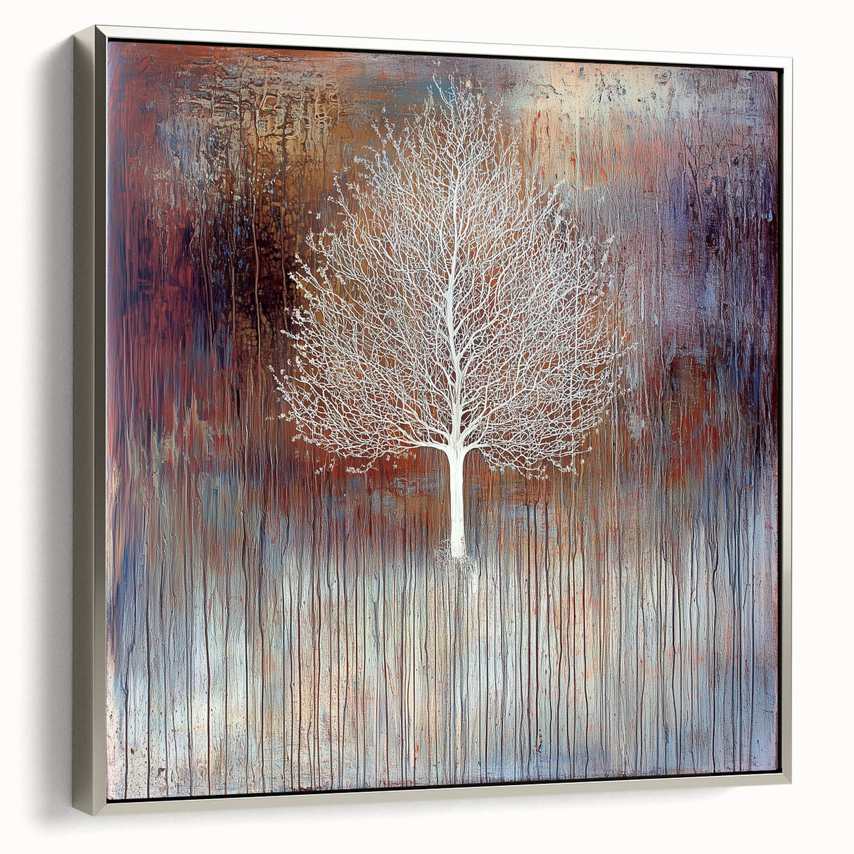 Framed canvas artwork showcasing an abstract floral design in vibrant colors, set against a sleek silver frame, ideal for modern home decor. Perfect for adding a touch of elegance to any room.