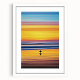 Abstract landscape artwork framed in white, showcasing vibrant colors and a modern design, perfect for contemporary home decor. The piece features a serene blend of blues and greens, creating a calming atmosphere ideal for living spaces or offices.