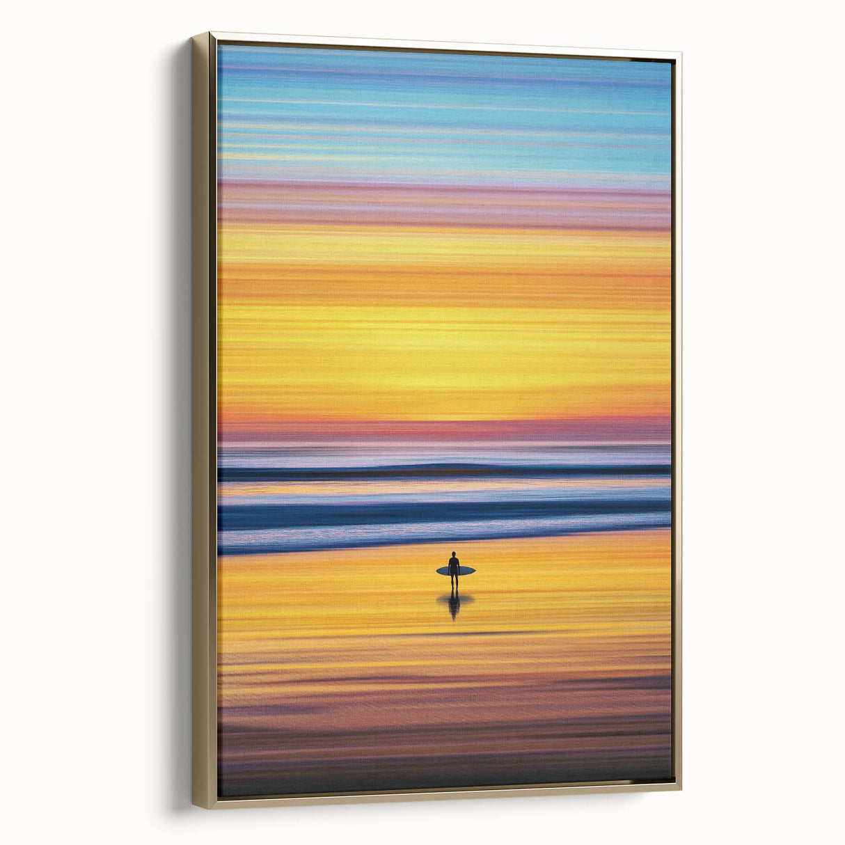 Abstract landscape framed canvas artwork showcasing vibrant gold hues and intricate texture, ideal for modern home decor. Side view highlights the elegant frame.
