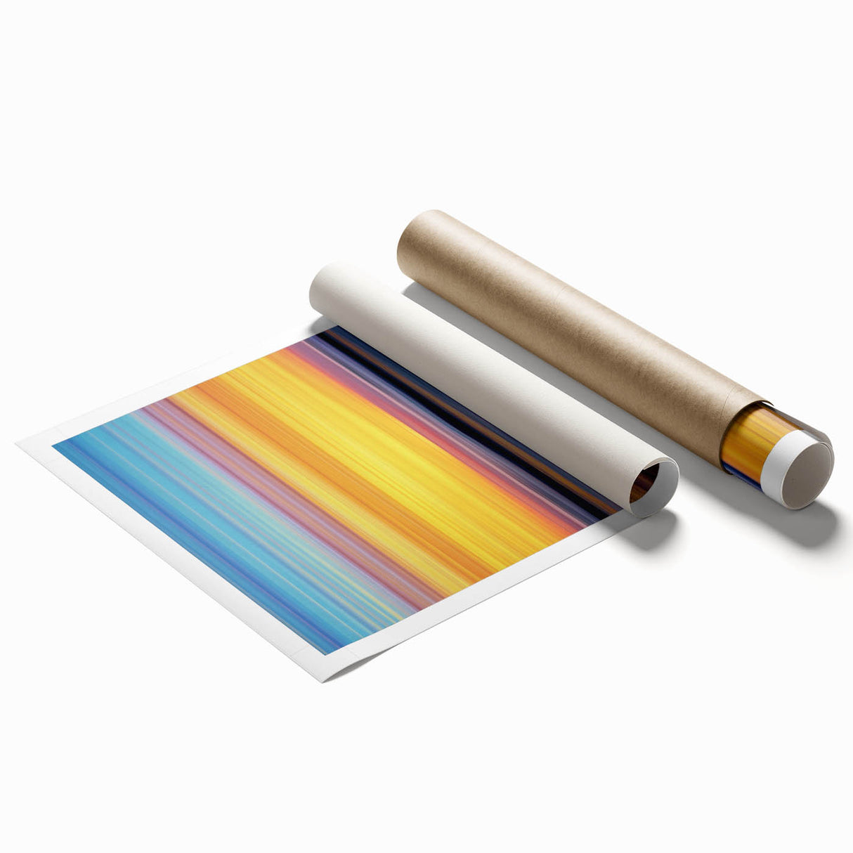 Abstract landscape print showcasing vibrant colors and fluid shapes, rolled and ready for display. Ideal for modern home decor and artistic interiors.