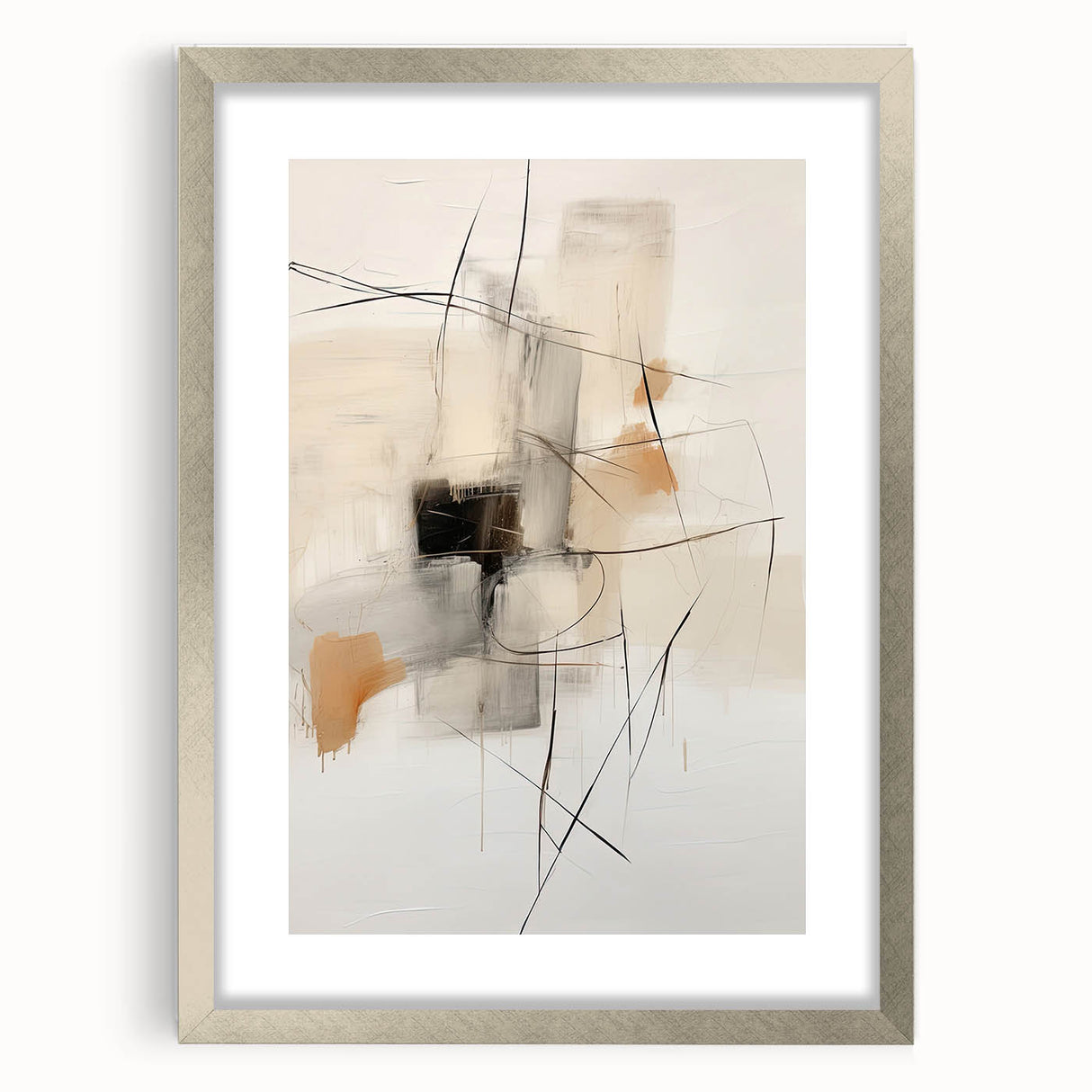 Abstract minimalist wall art design featuring a silver frame and mat, showcasing geometric patterns and muted colors, perfect for modern home decor.