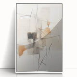Framed abstract minimalist wall art design in white acrylic, showcasing geometric shapes and soft neutral tones, perfect for modern home decor.